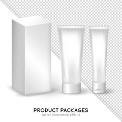 White matte blank package with cosmetic products template for your design.  Set of two cream tubes and carton box. Vector mockup of long rectangular container with skincare items. 