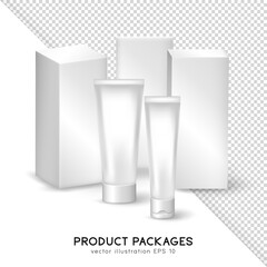 Set of two cream tubes and three packages. White matte blank boxes with cosmetic products template for your design. Vector mockup of long rectangular containers with skincare items. 