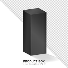 Black matte isometric rectangular box for product presentation (cosmetic, medicals, etc.) Vector empty container mockup. 3D realistic packaging, shipping case, cube template for your design