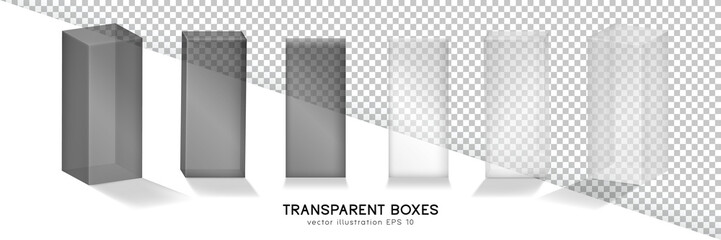 Set of six 3D white and black transparent boxes in front and perspective view. Vector plastic containers, shipping cases template. Mock up of rectangular glass containers for product presentation.