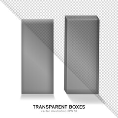 Front and perspective view of black rectangular cosmetic or medical or another product boxes mockup. Realistic empty transparent product boxes. Isolated 3d plastic packages. Vector glass containers
