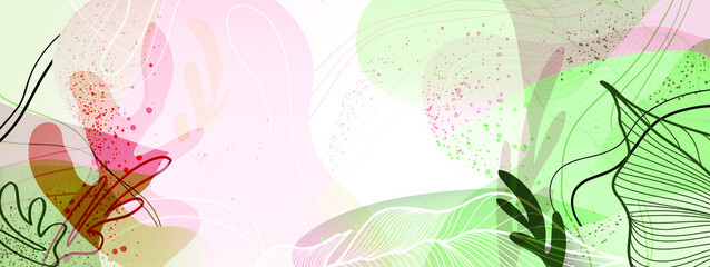Light pink and green background in soothing colors with tropical leaves, lines and abstract shapes. Vector illustration for text, banners, wallpapers, background, sales, discounts, promotions, etc.