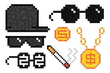 Pixel set of boss sunglasses, gold chain, coin, cigarette and raper cap. Vector illustration..
