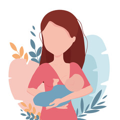 A young woman is breastfeeding her baby.Vector,logo. The concept of breastfeeding.Motherhood.
