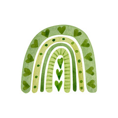 Cute green rainbow with ornament - dots, dashes and hearts. Design for baby textile, print, nursery decor, children decoration, kids room. Watercolor illustration isolated on white background.