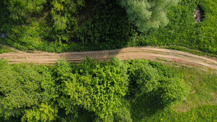 Aerial view of green summer forest road. road from above.