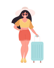 Woman tourist with travel bag or luggage. Summer vacation, summer traveling, summertime. Hand drawn vector illustration