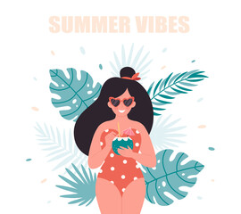 Woman with summer cocktail. Hello summer, vacation, summertime, summer party. Woman in retro swimsuit and retro glasses. Hand drawn vector illustration