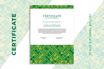 Modern diploma vertical template for graduation or course completion. Elegant design of certificate of appreciation with greenery geometric pattern. Vector background EPS 10