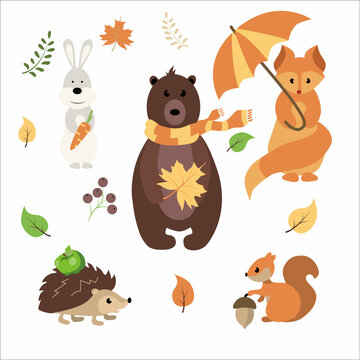 Set of cute forest animals. A fox, a bear cub in a scarf, a hedgehog with an apple, a squirrel with a nut, a hare with a carrot. Vector illustration isolated on white background.