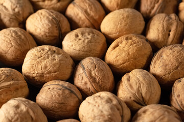 Walnuts in shell on the table. Healthy food
