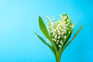 Bouquet of lilies of the valley against a blue gradient background.