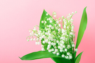 Bouquet of lilies of the valley against a pink gradient background.