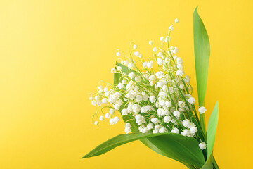 Bouquet of lilies of the valley against a yellow gradient background.