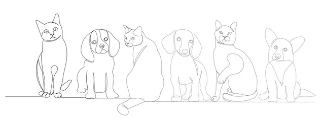 cats and dogs drawing by one continuous line, sketch vector