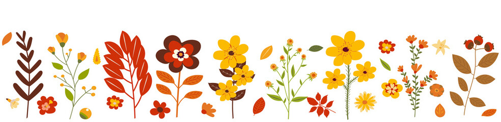 Fototapeta na wymiar autumn flowers and leaves in flat design, isolated on white background vector