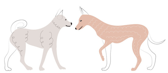 dogs playing doodle sketch, outline, isolated, vector