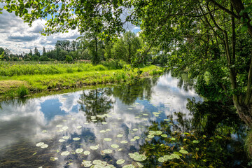 Rural landscape, river among green meadows