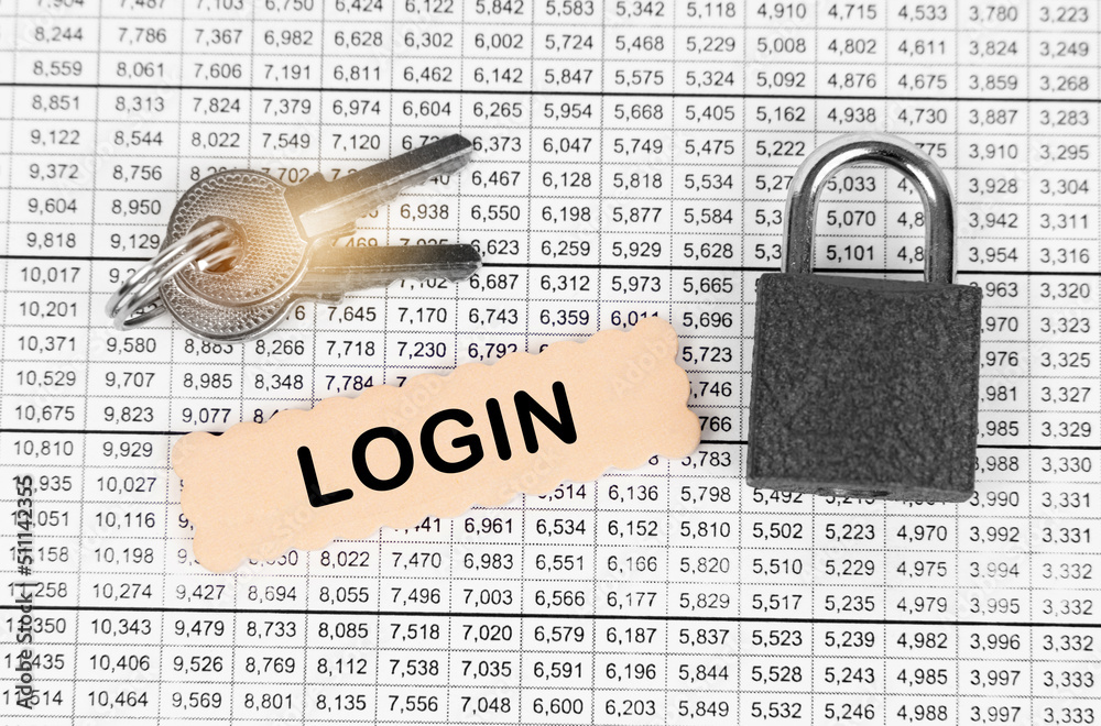 Poster against the background of a table with reports, a lock, keys and a sign with the inscription - login