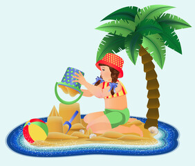 Obraz na płótnie Canvas Summer time card, tropical island with little girl on the beach , vector illustration