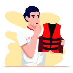 Fototapeta Beach rescuer with inflatable life vest and whistle on white background obraz