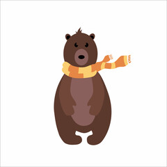 Brown bear in a scarf. Vector illustration isolated on white background.