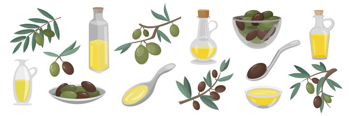Set of green and brown olives and their products in cartoon style. Vector illustration of branche of olives, berries in a plate, olive oil in bottles, plate and spoon.