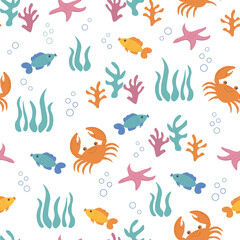 Fototapeta na wymiar Children's illustration with marine theme: sea, corals, crab, starfish and fish. Seamless pattern with cute nautical elements. For children's textiles, backgrounds. Vector image.