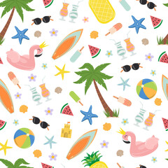 Seamless pattern with summer elements: palm tree, inflatable circle and mattress, ice cream, cocktails, seashells, flowers. Summer beach party. Vector image.