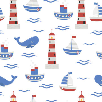 Children's illustration with a nautical theme: sailing ships, steamer, lighthouse, waves and whale. Seamless pattern with cute nautical elements. For children's textiles, backgrounds. Vector image. 