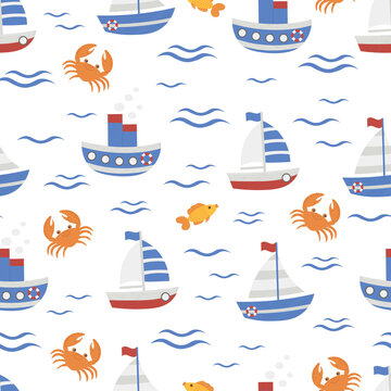 Children's illustration with a nautical theme: sea, sailing ships, steamer, crab and fish. Seamless pattern with cute nautical elements. For children's textiles, backgrounds. Vector image.