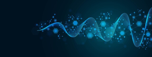 Vector neon background. Hexagon connection pattern. Block diagram. Wave ornament. Glow stars. Plexus elements of chemical chain. Poster presentation, technology, science, medicine.