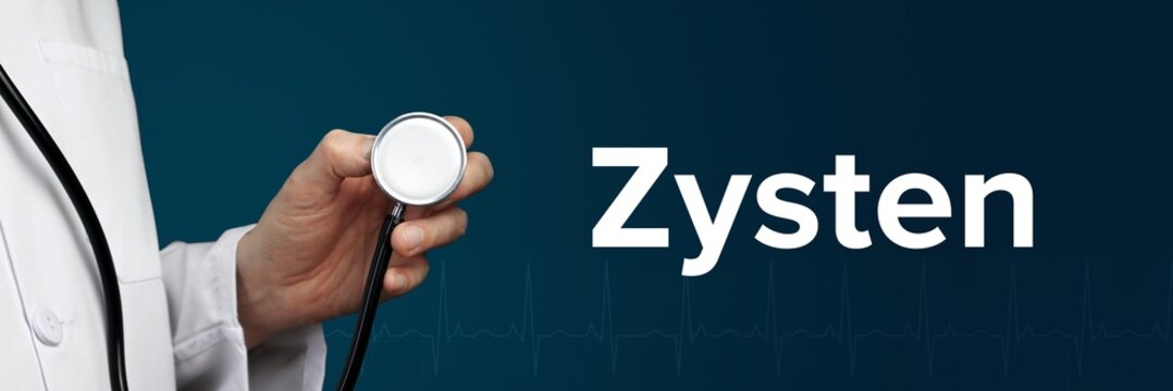 Zysten. Arzt h&auml;lt Stethoskop in Hand. Begriff steht daneben. Blauer Hintergrund mit EKG. Medizin
