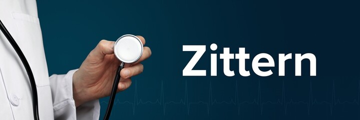 Zittern (Tremor). Arzt hält Stethoskop in Hand. Begriff steht daneben. Blauer Hintergrund mit EKG....
