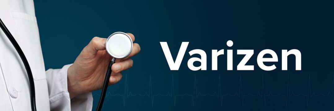 Varizen (Krampfadern). Arzt h&auml;lt Stethoskop in Hand. Begriff steht daneben. Blauer Hintergrund mit EKG. Medizin