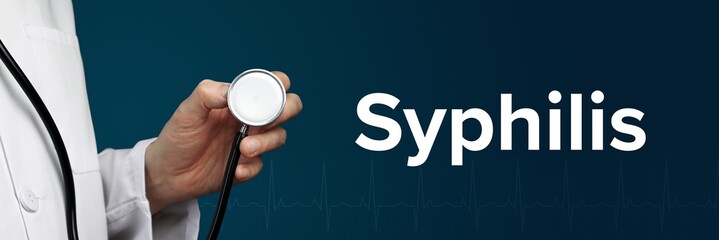 Syphilis. Arzt hält Stethoskop in Hand. Begriff steht daneben. Blauer Hintergrund mit EKG. Medizin