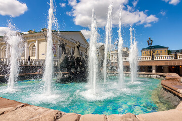 Fountain with horses on Manezhnaya square in Moscow, Russia (Translation 