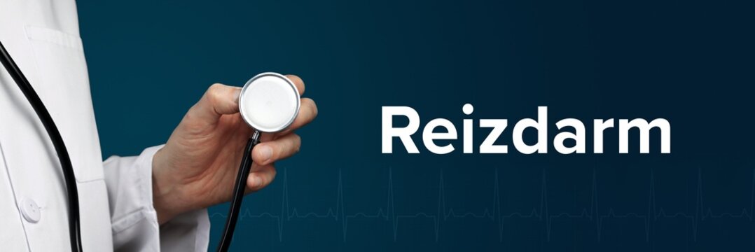 Reizdarm. Arzt h&auml;lt Stethoskop in Hand. Begriff steht daneben. Blauer Hintergrund mit EKG. Medizin