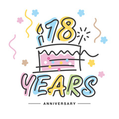 18 Years Anniversary handwritten typography lettering Greeting card with colorful big cake, sparkle firework, number, candle and confetti