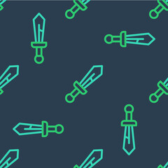 Line Medieval sword icon isolated seamless pattern on blue background. Medieval weapon. Vector