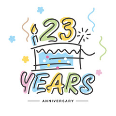 23 Years Anniversary handwritten typography lettering Greeting card with colorful big cake, sparkle firework, number, candle and confetti