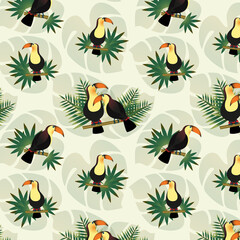 Seamless pattern with toucans and palm leaves.
Background with exotic birds and jungle plants. Tropical wildlife concept. Vector illustration.