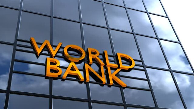 Glass world bank building. Financial concept. Golden inscription bank. Banking.