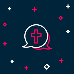 Line Christian cross icon isolated on blue background. Church cross. Colorful outline concept. Vector
