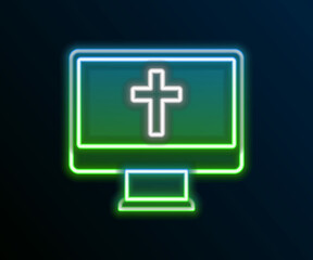 Obraz premium Glowing neon line Christian cross on monitor icon isolated on black background. Church cross. Colorful outline concept. Vector