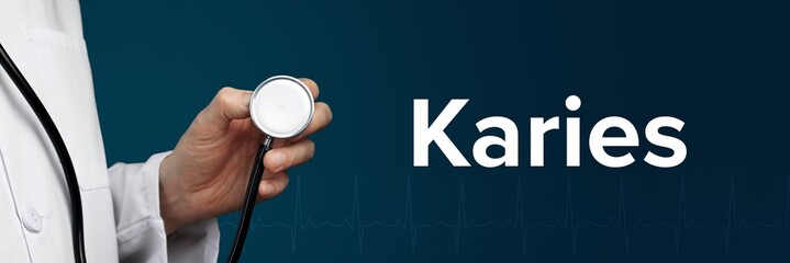 Karies. Arzt hält Stethoskop in Hand. Begriff steht daneben. Blauer Hintergrund mit EKG. Medizin
