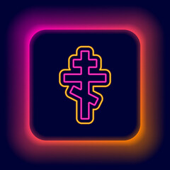Glowing neon line Christian cross icon isolated on black background. Church cross. Colorful outline concept. Vector
