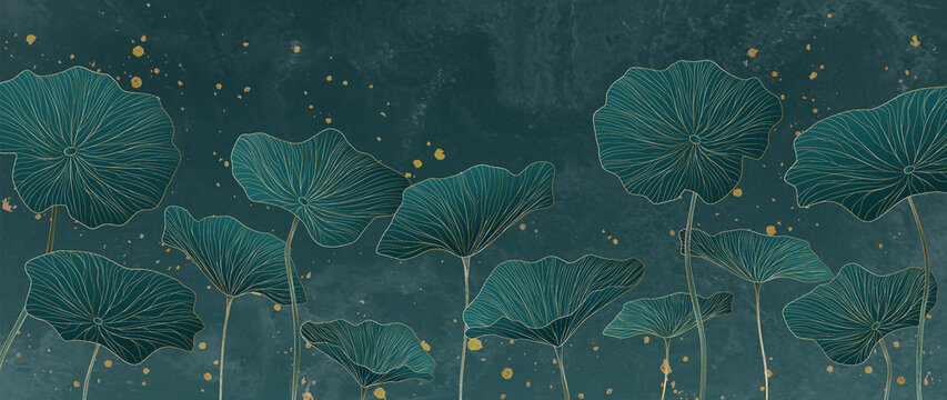 Art background with lotus leaves in gold line. Hand drawn botanical banner for wallpaper design, decor, print, textile