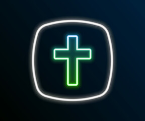 Glowing neon line Christian cross icon isolated on black background. Church cross. Colorful outline concept. Vector