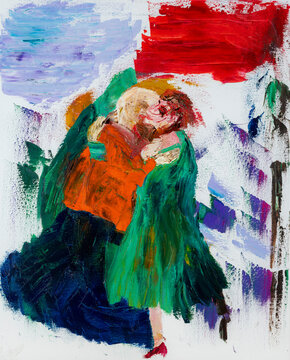 Oil painting reunion of two persons hugging on the street, original artwork unfinished